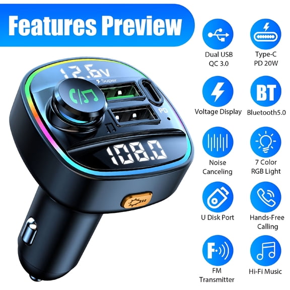 GJX 2026 New Bluetooth 5.0 Car Wireless Transmitter Adapter Usb Pd Charger Aux Hands-Free for Car Audio,Hands-Free Calling,Music Streaming,Usb Charging,Road Trips