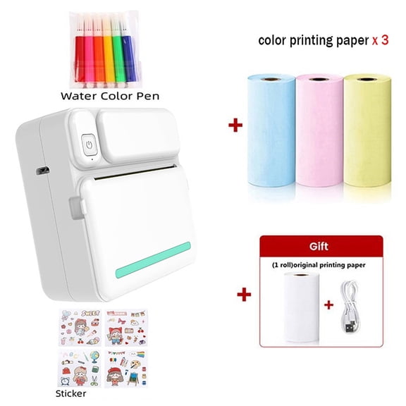 GJX 2026 New Bluetooth Printer Easy Setup with Colorful Paper Sticker Printer Includes Watercolor Pens and Stickers Convenient and Small for Home Use Portable Photo Printer