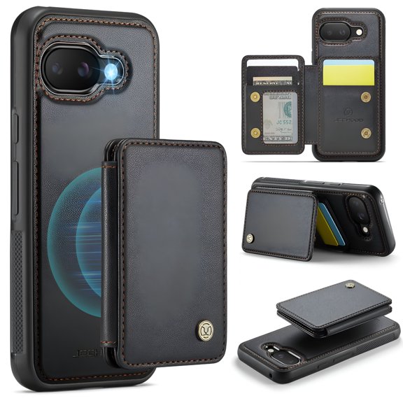 GJX 2026 New Case for Google Pixel 9A,Detachable Magnetic Back Cover Cards Holder Premium Pu Leather Stand Rfid Blocking Bumper Shockproof Case Cover for Google Pixel 9A,Black