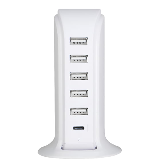 GJX 2026 New Charging Station for Multiple Devices 40W,Wall Charger Block 5 Usb Ports(Shared 6A),Tower Charging Station with Type-C 3A for Tablets Smartphones,Home Office Use,Travel Access