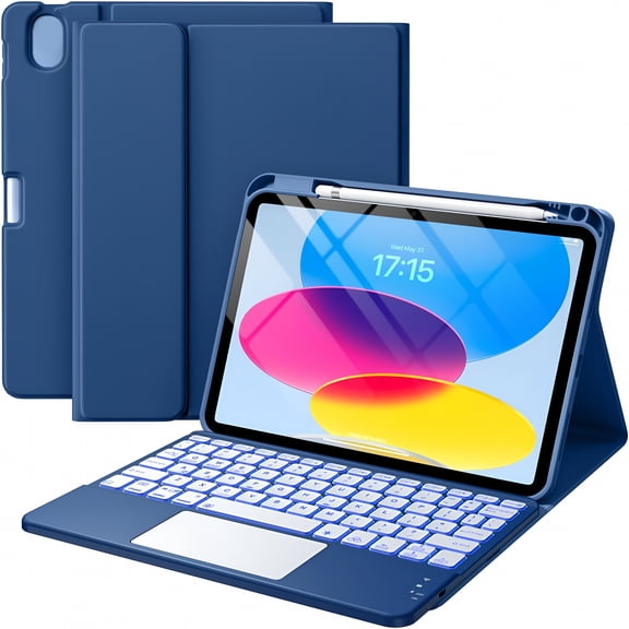 GJX 2026 New Compatible for Ipad 11Th 10Th Generation Case with Keyboard,Folio Cover with Pencil Holder,Multi-Touch Trackpad,7 Color Backlit,Detachable Keyboard for Ipad 11-Inch 10.9 Inch(Navy Blue)