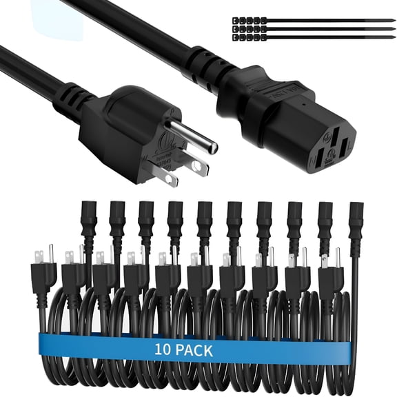 GJX 2026 New Computer Tv Monitor Replacement Power Cord 3 Ft/10Pcs,3-Prong Ac Universal Power Supply Cable 5-15P to Iec 320 C13 C14,Sjt 18Awg 10A/125V for Treadmill Printer,Pc,Desktop+Ties-Etl-White