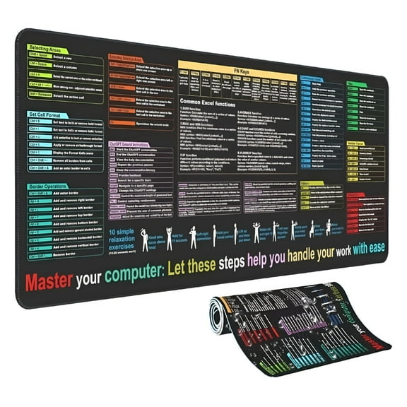GJX 2026 New Excel Shortcut Keys Mouse Pad-Extended Large Excel Cheat Sheet Desk Pad Improve for Office Efficiency Waterproof Gaming Desk Keyboard Mat with Non-Stitched Edge