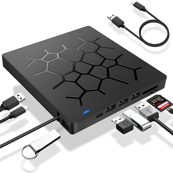 GJX 2026 New External Dvd Drive,Usb 3.0 Cd Dvd Burner for Laptop,Type-C Cd/Dvd Rom +/-Rw Optical Disk Drive with 4 Usb Ports and 2 Sd Card Slots,Ultra Slim,For Mac,Pc,Windows 11/10/8/7,Linux Os