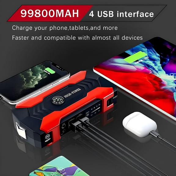 GJX 2026 New High Power Battery Jump Starter 99800Mah,Car Jump Starter Portable Charger for Cell Phone,Battery Booster Power Pack,Multi-Function Emergency Jump Box with 4 Usb Ports and Led Flashlight