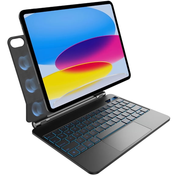 GJX 2026 New Keyboard Case for 10Th Generation 2022,7 Colour Backlit,Multi-Touch Trackpad,Floating Magnetic Design,Battery Display,Obsidian Black