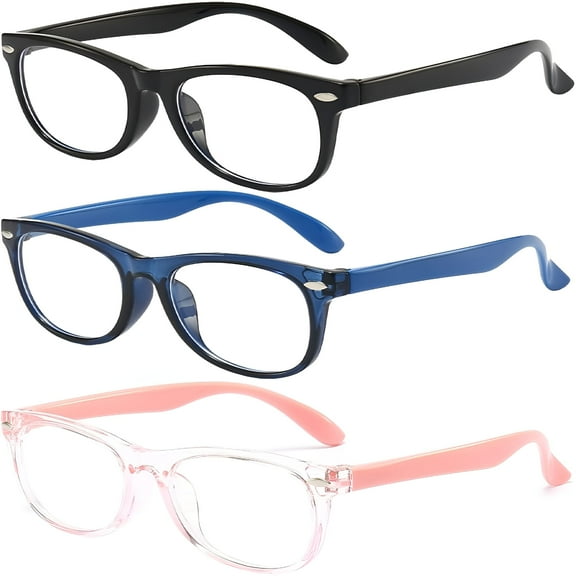 GJX 2026 New Kids Blue Light Blocking Glasses 3 Pack Kids Computer Reading Glasses for Boys and Girls Age 3-9 (Black + Dark Blue + Light Powder)