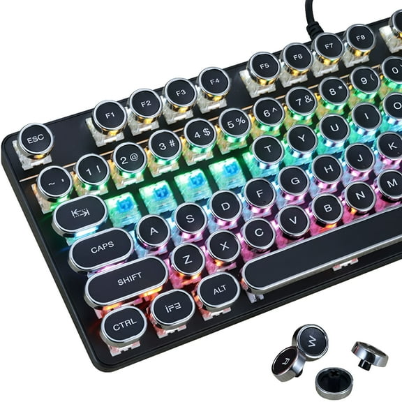 GJX 2026 New Mechanical Gaming Keyboard Typewriter Style with Rgb Led Rainbow Backlit Blue Retro Steampunk Round Keycaps for Windows Gaming Pc (87 Keys), Elegant Black