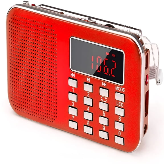 GJX 2026 New Mini Portable Radio Fm Pocket Radio with Led Flashlight,Digital Radio Speaker Support Micro Sd/Tf Card/Usb,Auto Scan Save,600Mah Rechargeable Battery Operated,Red