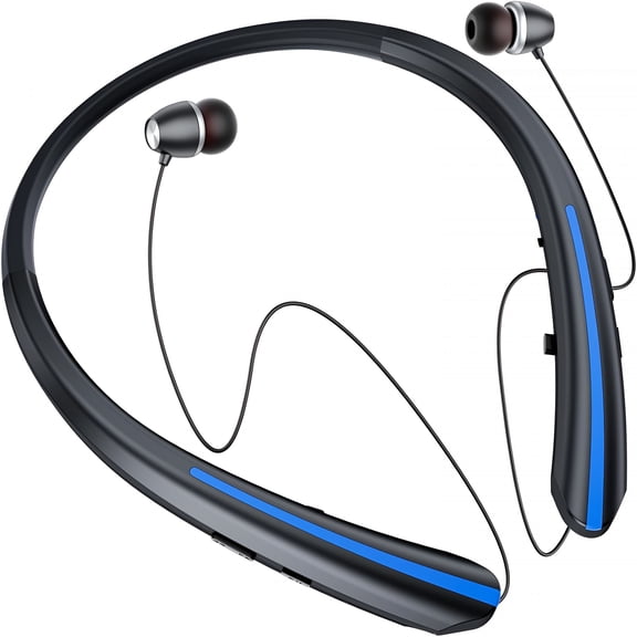 GJX 2026 New Neckband Retractable Wireless Headphones,Wireless Headset with Mic,Ipx5 Sweatproof Retractable Earbuds,Dual Device,22H Playtime Noise Cancelling Stereo Earphones(Black Blue)