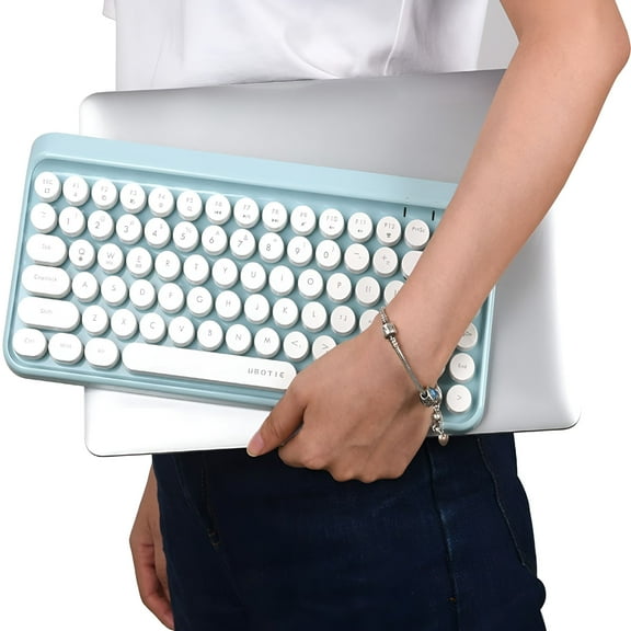 GJX 2026 New Portable Bluetooth Colorful Computer Keyboards,Wireless Mini Compact Retro Typewriter Flexible 84Keys Design Keyboard for Office,Travel,Home(Blue-White)