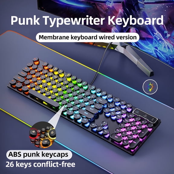 GJX 2026 New Retro Typewriter Style Gaming Keyboard | 104-Key Wired Usb,Rgb Backlit Punk Keycaps | Ergonomic for Office and Gaming for Typing,Gaming,Productivity,Creative Work,Home Office Use