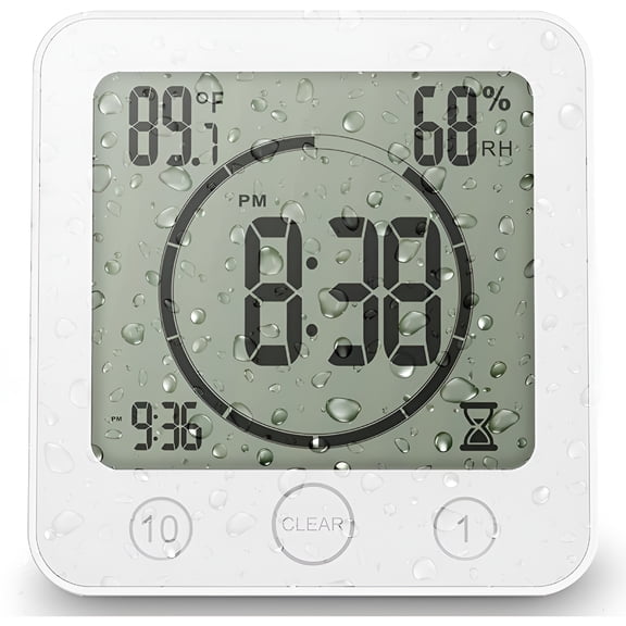 GJX 2026 New Shower Clock Waterproof Bathroom Timer Digital Wall Clock with Countdown,Magnetic Kitchen Clock with Temperature & Humidity,Suction Cup for Kids Shower Spa Sauna Cook Bath,White