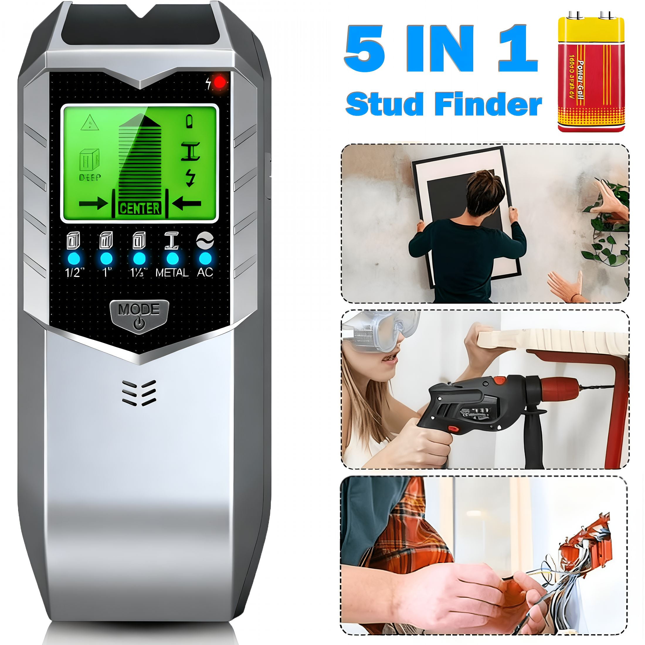 GJX 2026 New Stud Finder Wall Scanner - 5 in 1 Stud Finder Wall Detector with Led Display & Sound Warning for Live Ac Wire,Pipe,Metal,Lumber and Joist Drywall Framing Detection(Have 9V Battery)