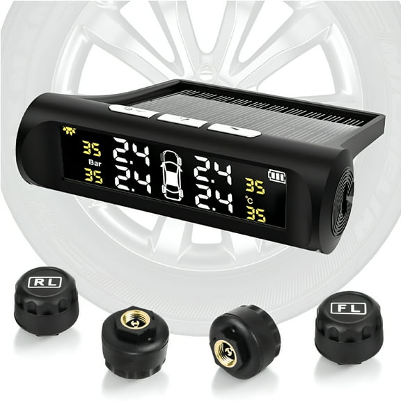 GJX 2026 New Tire Pressure Monitoring System Tpms for Rv and Trailer Solar Powered Tpms with Lcd Display 4 Sensors Real-Time Pressure and Temperature Monitoring Easy to Use 0~87 Psi