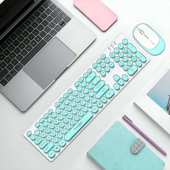 GJX 2026 New Wireless Keyboard and Mouse Combo Retro Round Keycap Ultra Thin Quiet 2.4Ghz Keyboard for Laptop for Laptop,Desktop,Tablet,Pc,Office,Home Blue
