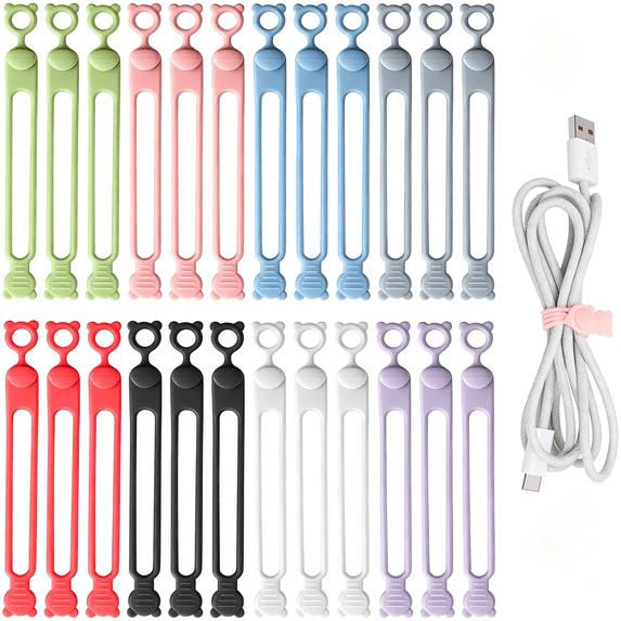 GJX 24Pcs Silicone Cable Ties,Reusable Cable Management Organizer ...
