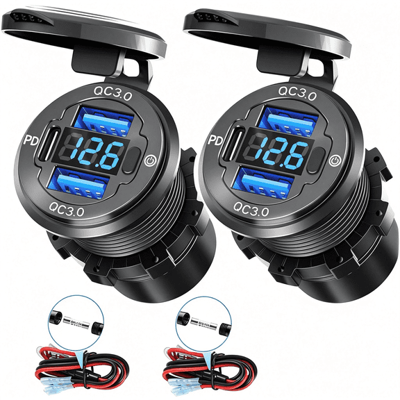 GJX 2Pcs 78W 3Ports 12V Usb Outlet with Voltmeter&Switch-Pd3.0&Dual Qc3.0 Quick Charge Car Charger Socket,Aluminum Waterproof Usb C Port for Boat Marine Motorcycle Rv Truck Atv Golf Cart