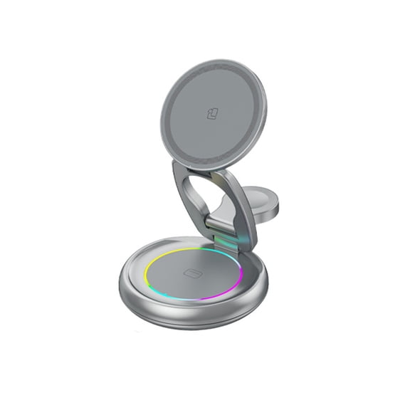 GJX 3-In-1 Foldable Magnetic Wireless Charger Stand 15W Fast Charge with Night Light Includes 30W Adapter,Portable Charging Pad for Iphone,Watch & Airpods 2/3,Home,Office,Travel