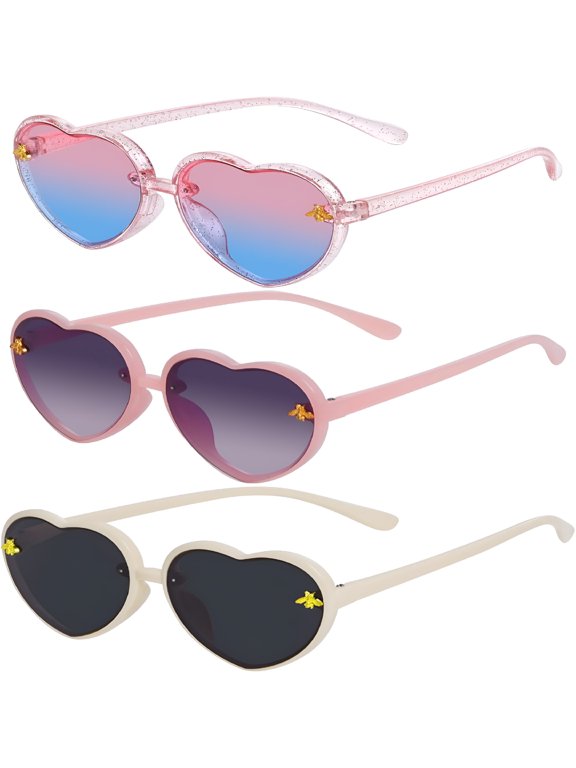 3 Pieces Kids Heart Shaped Sunglasses Stylish Cute Bee Sunglasses for Toddler Girls Age 3-10 Outdoor Beach Eyewear