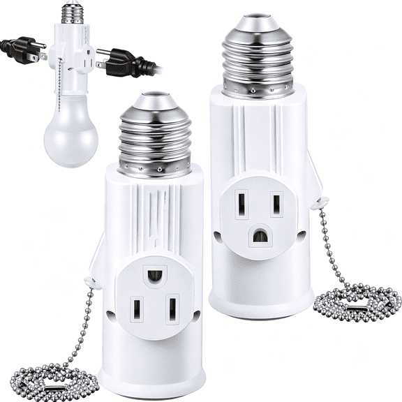 GJX 3 Prong E26 Light Socket to Plug Adapter, White Heat Resistant Light Socket 2/3 Prong Outlet Light Bulb Plug Splitter Converter for Garage Porch CCTV Camera (2 Pack)