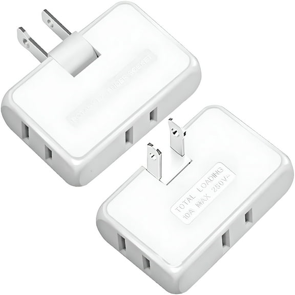 GJX 3 Way Flat Wall Outlet Extender, 2 Prong 180 Degree Portable Swivel Wall Tap Plug, Ultra Thin Folding Electrical Outlet Splitter (Easy Install), Type A, White, Pack of 2