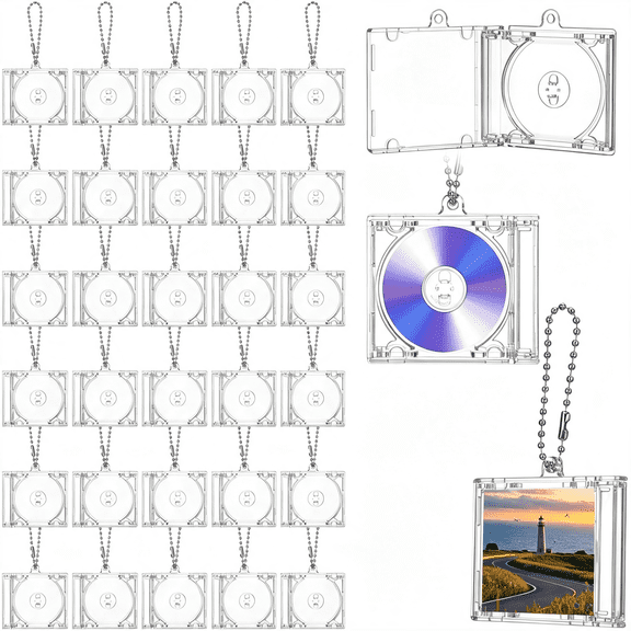 GJX 30 Pack Mini Cd Keychain Cases Clear Acrylic,Small Plastic Dvd Holder with Beaded Chains&Brackets for Diy Music Album Art Backpack Hanging Decor