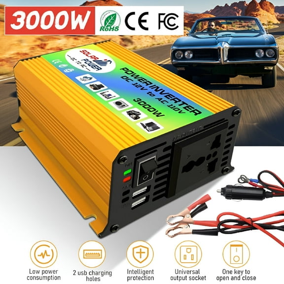 GJX 3000W Car Power Inverter DC 12V To AC 110V Sine Wave Solar Converter Dual USB US for Car, RV, Truck, Solar, Emergency