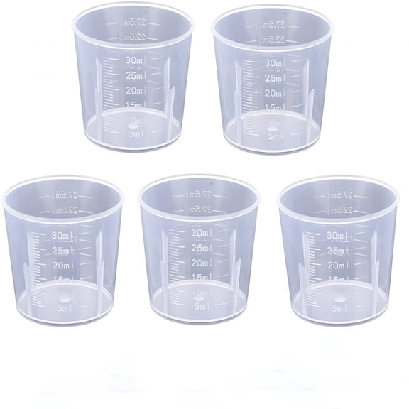GJX 30Ml Plastic Liquid Measuring Cups-Mini Clear Kitchen Medicine Cups Transparent Graduated Beakers Baking Cooking Home Lab Measure Tool (5 Packs,1Oz,Transparent)