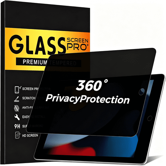 GJX 360 4 Way Privacy Screen Protector for 9Th Generation 10.2 Inch 2022, 360 Degree Anti-Spy Tempered Glass Film for 8Th/7Th Gen 10.2", Touch Sensitive, Case Friendly, 1 Pack