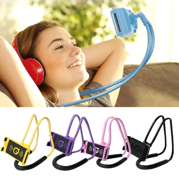 GJX 360 Degree Rotation Hanging Neck Phone Holder, Adjustable Hands-Free Tablet Stand Bracket for Phones and Devices Under 7 Inches, Portable Lazy Reader Mount, Yellow