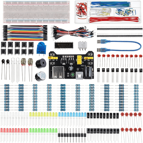GJX 37 Values 480 Pcs Electronics Component Fun Kit with Power Supply Module, Jumper Wire,Precision Potentiometer,830 tie-Points Breadboard Compatible with STM32,Raspberry Pi,Arduino