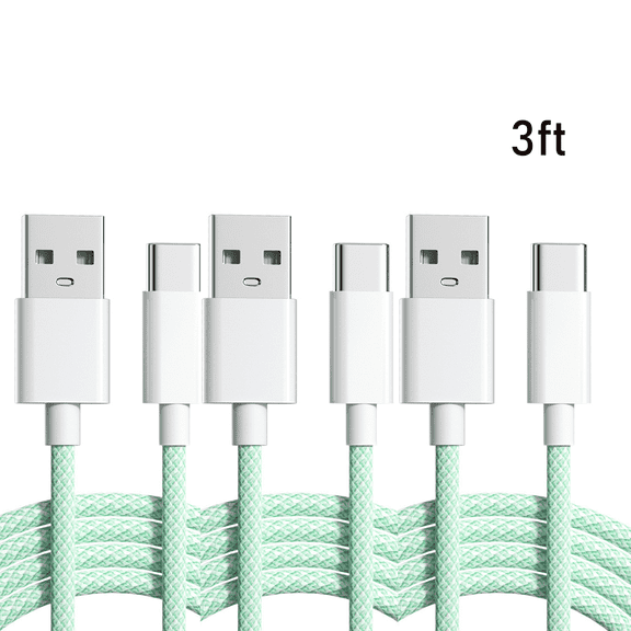 GJX 3Pcs USB Cable Nylon Braided Micro USB Cable,USB Type C Cable with Data Transfer,Green,3ft