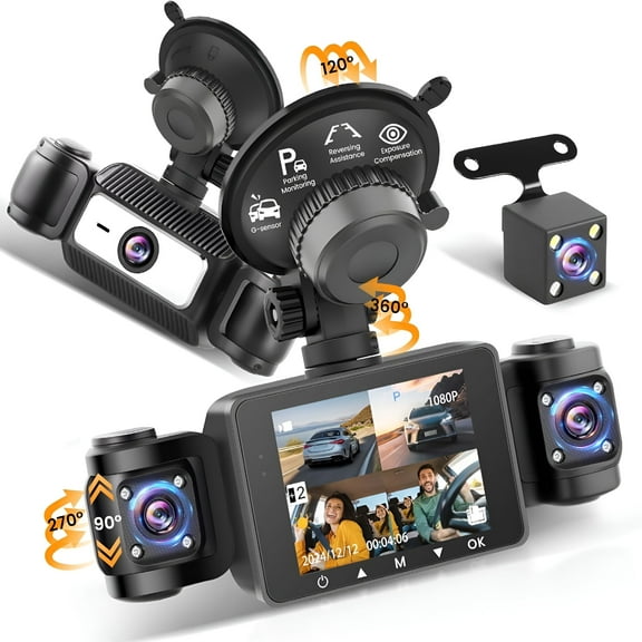 GJX 4 Channel Dash Cam 360 View, 1080P Dash Cam Front and Rear Inside Left Right, 2.4 Inch IPS Screen Dash Camera for Cars, 24Hr Parking, 170 Wide Angle, Loop Recording, IR Night Vision