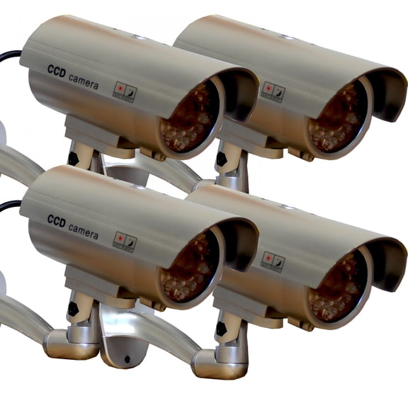 GJX 4 Pack - Outdoor Dummy Fake Security Camera with Infrared Leds Blinking Light, Silver