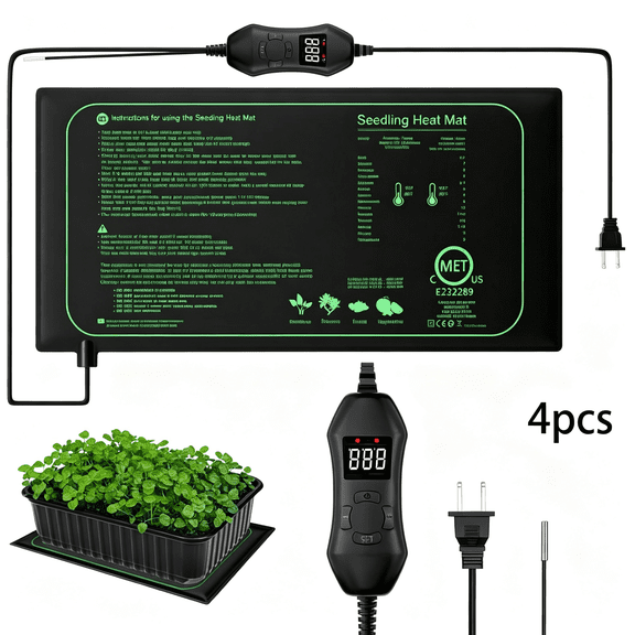GJX 4 Pack Seedling Heat Mats with Digital Thermostat Controller,10" X 20.75" Waterproof for Seed Starting,Germination,Hydroponics,Brewing,Breeding,Greenhouses (Lb-Ht04)