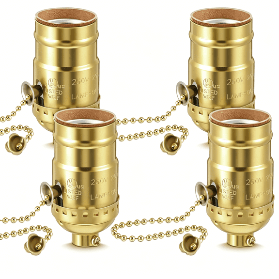 GJX 4 Pcs Pull Chain Lamp Socket Replacement,E26 Standard Threaded Base,Light Socket with Pull Chain,Lamp Parts for Repair(Gold)