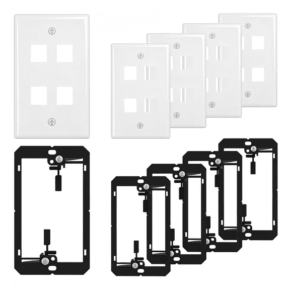 GJX 4-Port Keystone Wall Plate,With Low Voltage Mounting Bracket,5 Pack|With Single Gang Decorator Wall for Rj45 and Coax Keystone Inserts,White,Cat Ethernet Wall Plate