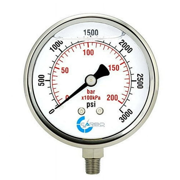 GJX 4" Pressure Gauge, Stainless Steel Case, Chrome Plated Brass Connection, Liquid Filled, 0-3000 psi/kPa, Lower Mount 1/4" NPT