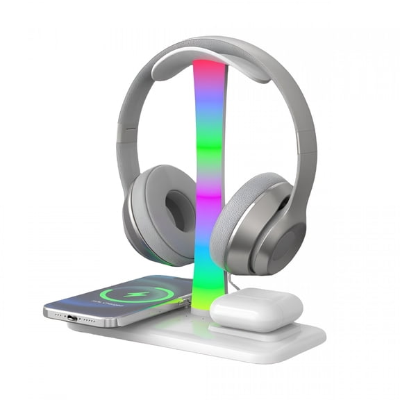 GJX 4-in-1 Headphone Stand with 15W Wireless Charger for AirPods Max/Pro Watch and Earbuds-White Headphone Stand for Desk