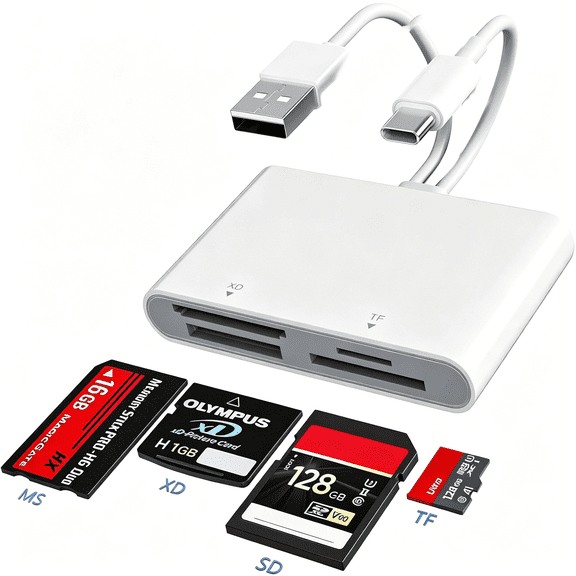 GJX 4 in 1 Sd\/Tf\/Ms\/Xd Card Reader Adapter Card Reader Support Iphone 17\/16\/15\/14\/13\/12\/11\/Pad\/Pc\/Android\/Laptop