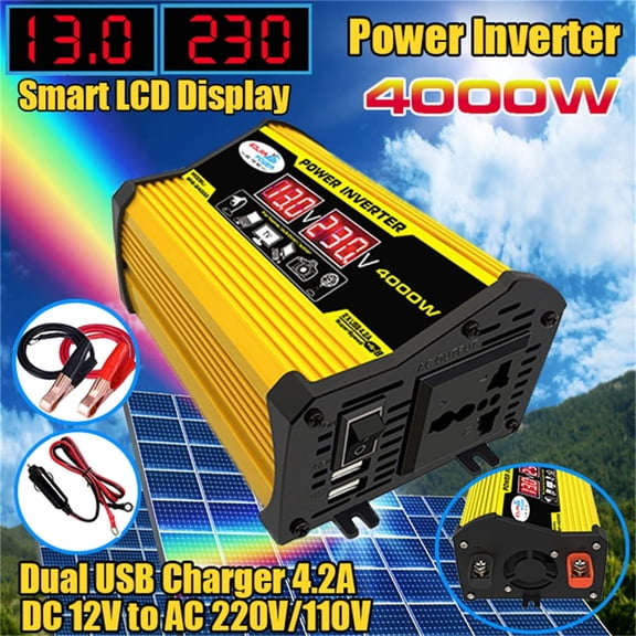 GJX 4000W Peak Car Power Inverter, DC 12V to AC 110/220V Modified Sine Wave Transformer with Dual USB & LED Display