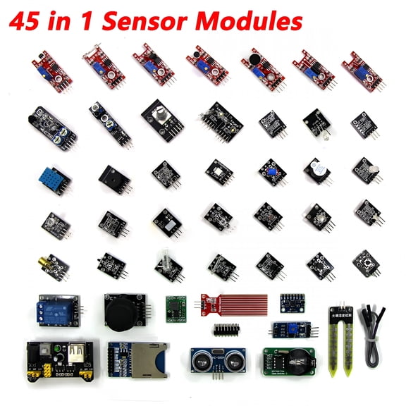 GJX 45 in 1 Sensor Modules Starter Kit for Arduino DIY Electronics Projects with Ultrasonic Temperature Humidity Gyro Flame Sensors for STEM Education Coding Practice Prototyping Hobbyists