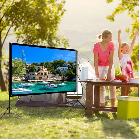 GJX 48 Inch Portable Projector Screen with Stand, 4:3 HD Polyester Projection Surface for Indoor Outdoor Movies, Foldable Backyard Cinema Display for Home Theater Camping Travel