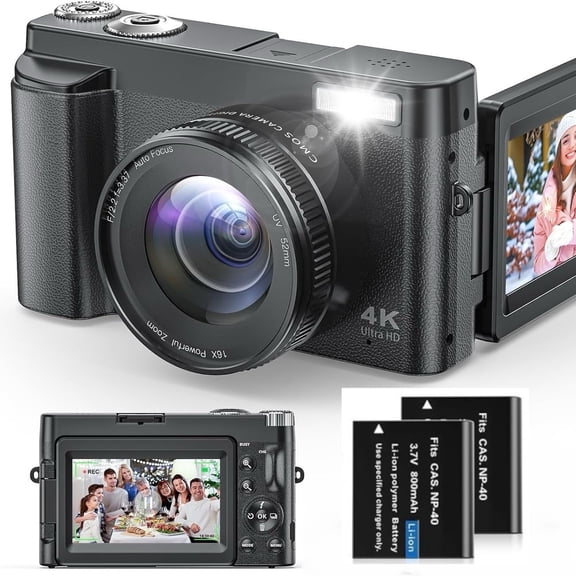 GJX 4K Digital Camera for Photography, 2026 Latest WiFi 64MP Vlogging Camera for YouTube with 180 flip Screen, Autofocus Anti-Shake, 16X Zoom, Compact Travel Camera, 32GB Card, 2 Batteries
