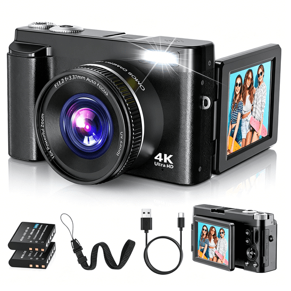 GJX 4K Digital Camera for Photography Autofocus,48Mp Vlogging Camera with Sd Card,2 Batteries,3" 180 Flip Screen Compact Travel Camera for Teens with 16X Zoom,Black