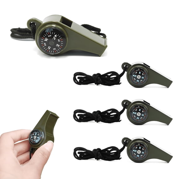 GJX 4Pcs Compass Whistle Multifunctional 3-in-1 Emergency Survival Whistle with Compass, Thermometer and Lanyard for Outdoor Camping Hiking