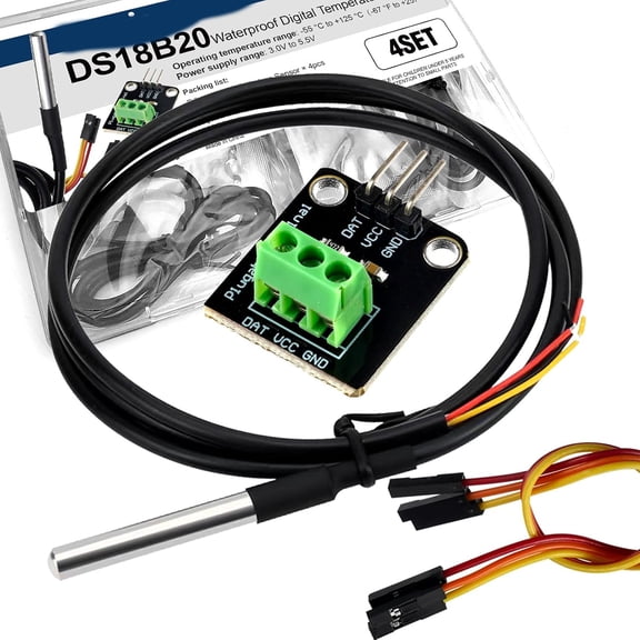 GJX 4Pcs Ds18B20 Waterproof Temperature Sensor Probes, Stainless Steel | Digital 1-Wire Interface, Includes Adapter Cables, Compatible with Arduino, Raspberry Pi and Esp32