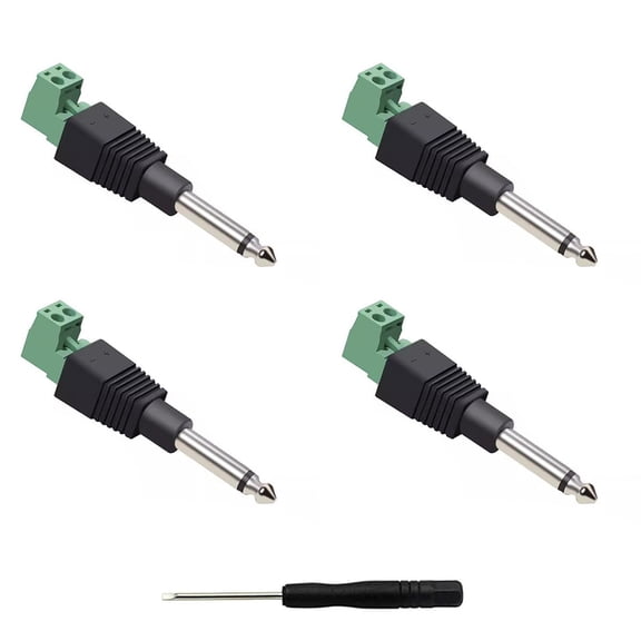 GJX 4Pcs Solderless 1/4 Mono Audio Plug, 6.35Mm 1/4 Inch Ts Male Phono Plug to 2Pin Screw Terminal Connector for Speaker Cable, Guitar Cable, Patch Cable, Microphone Cable Repair (6.35Mm Mono)