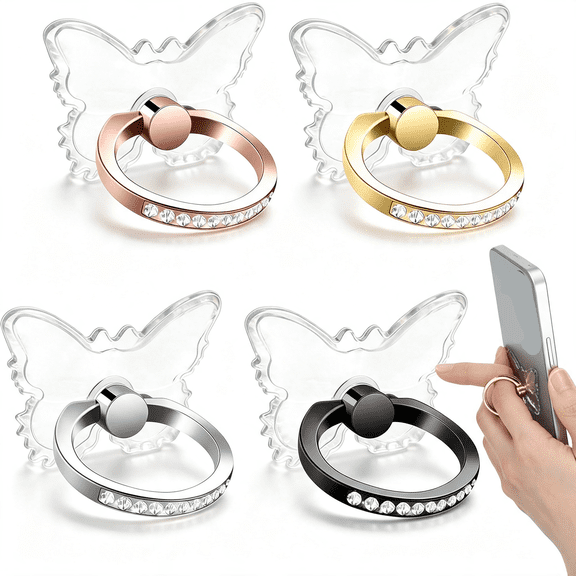GJX 4Pcs Transparent Phone Ring Holder Grip,Butterfly Cell Phone Ring Stand with Rhinestones,360 Rotation Metal Kickstand Holder Compatible with Most Phones and Cases